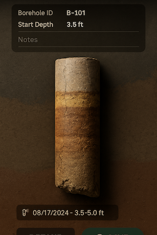 Core photo screen showing rock sample with measurement tools