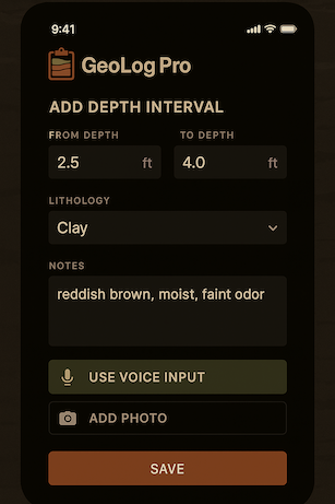 Borelog form screen with depth measurements and soil classification